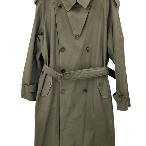 Vintage Army Green Military Trench Coat XL Belt Shoulder Tab Warcore Trenchcore - Picture 10 of 14